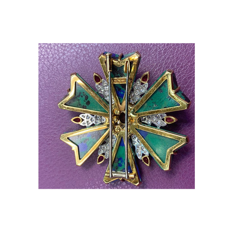 David Webb Azurmalachite Ruby and Diamond Maltese Cross Brooch