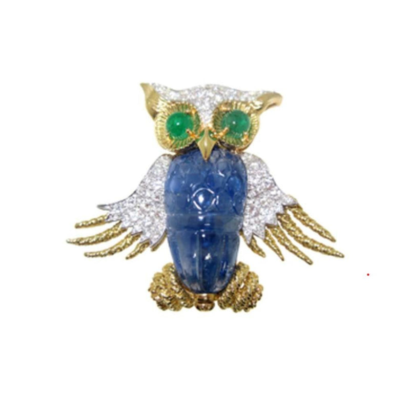 David Webb Carved Sapphire Owl Brooch with Emerald Eyes