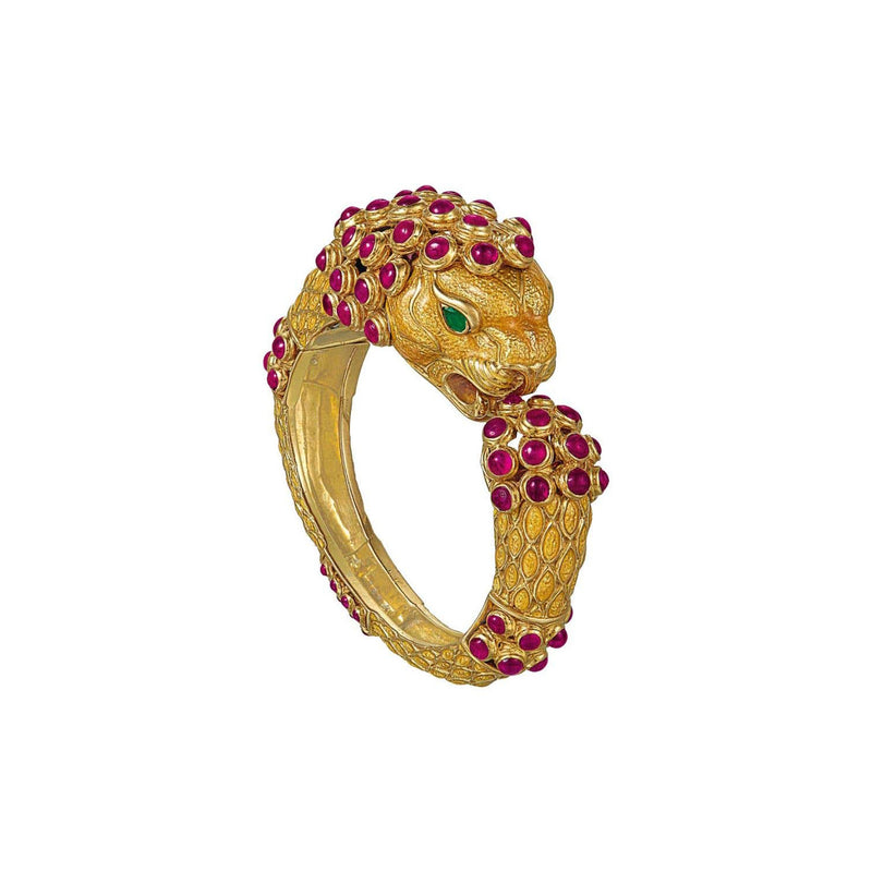 David Webb Yellow Enamel Ruby Gold Lion Bangle Bracelet