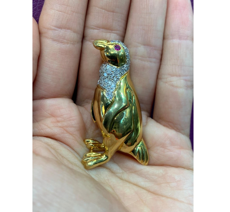 Diamond and Ruby Penguin Brooch
