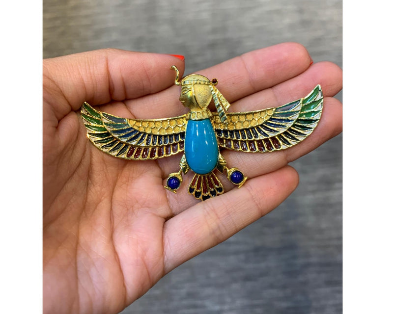 Egyptian Revival Turquoise and Plique a Jour enamel Sphinx Brooch