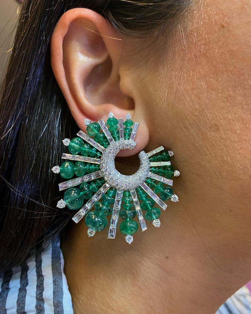 Emerald and Diamond Hoop Spike Earrings