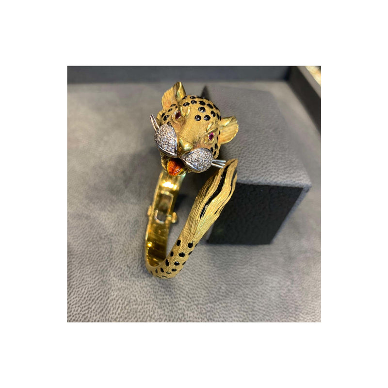 Gold Diamond and Enamel Leopard Bangle