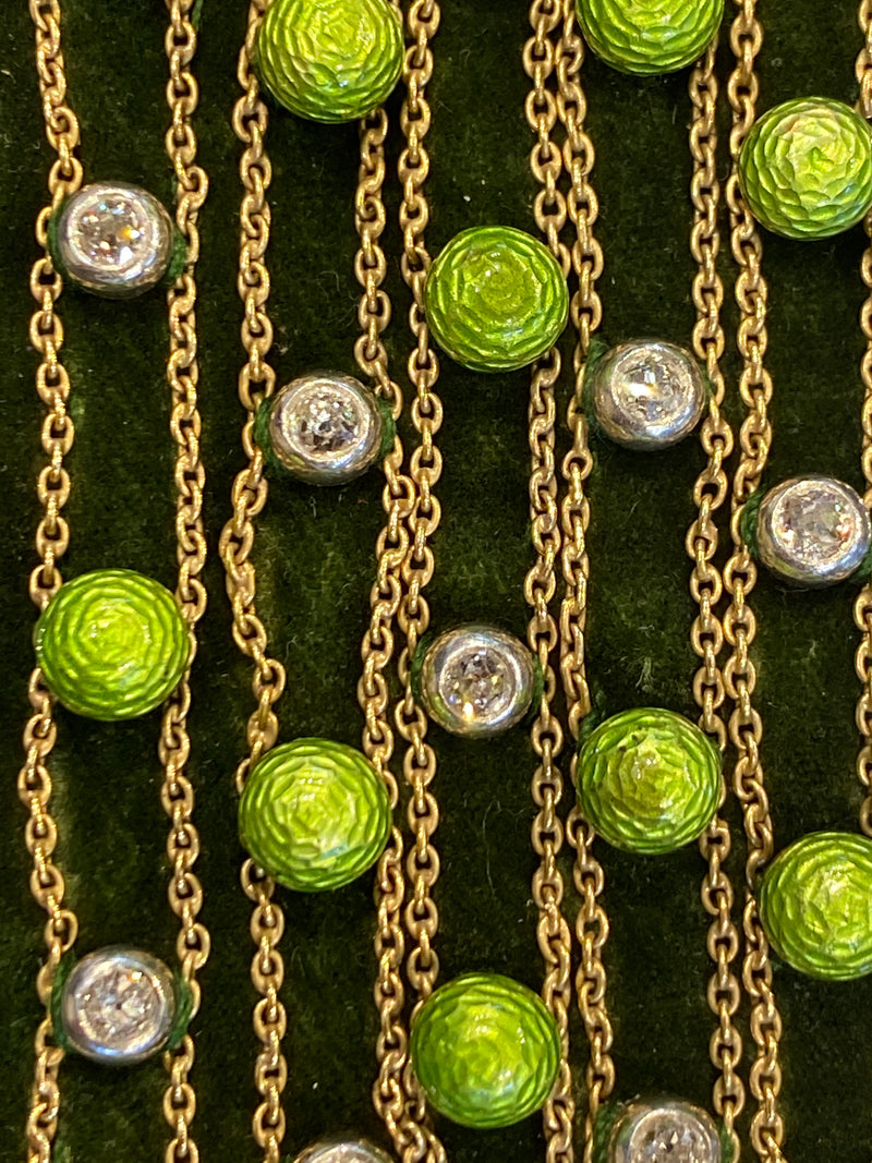 Highly Unusual Green Enamel and Diamond on Silk Bracelet by Cartier Paris