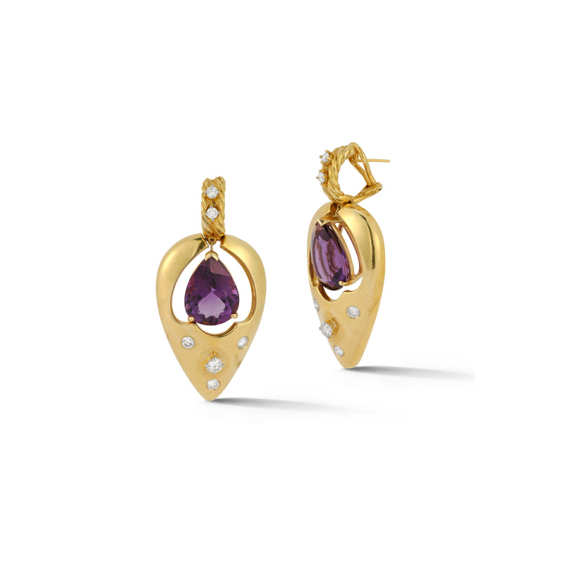 Amethyst and Diamond Gold Dangle Earrings