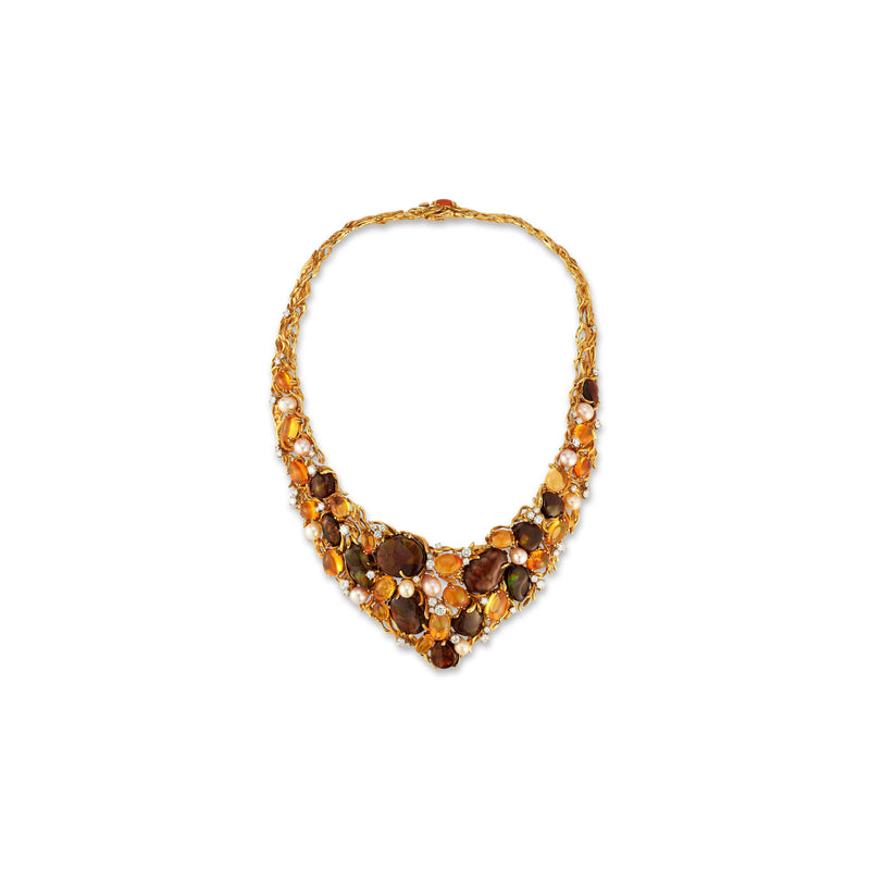 Gilbert Albert Fire Opal and Pearl Necklace & Earrings