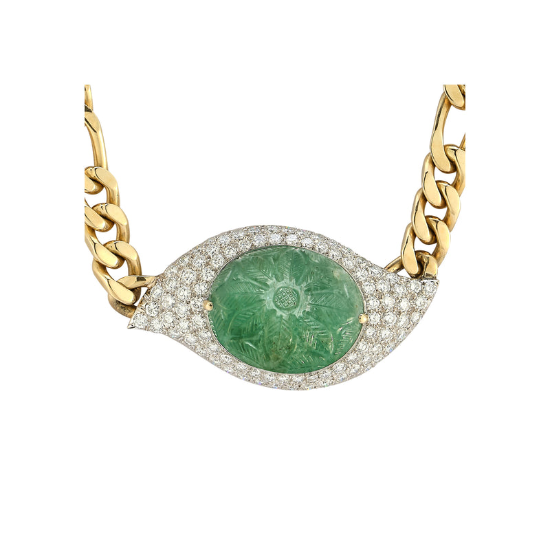 Men's Carved Emerald & Diamond Link Necklace
