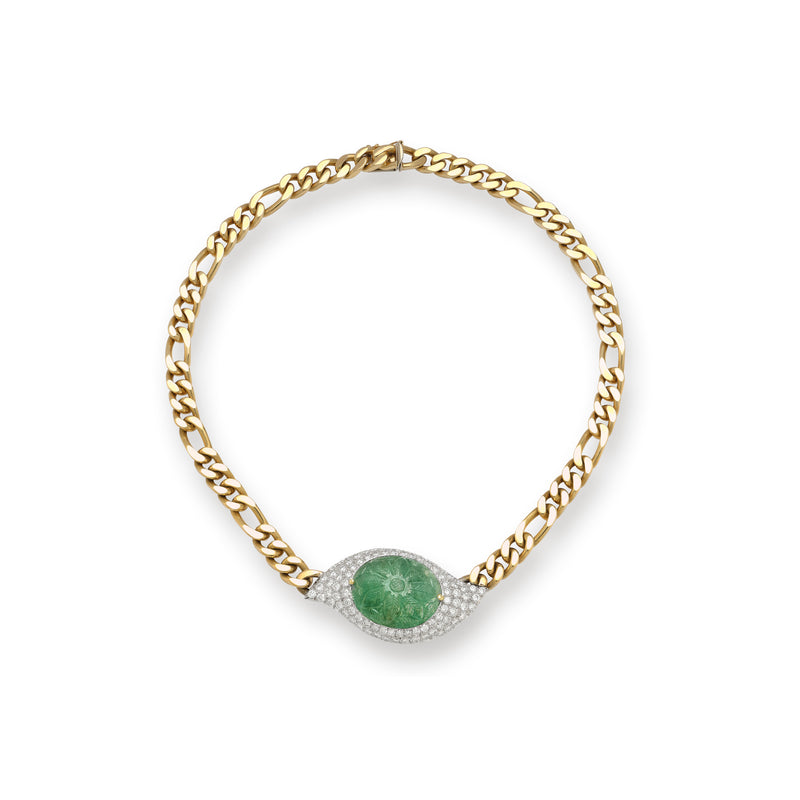 Men's Carved Emerald & Diamond Link Necklace