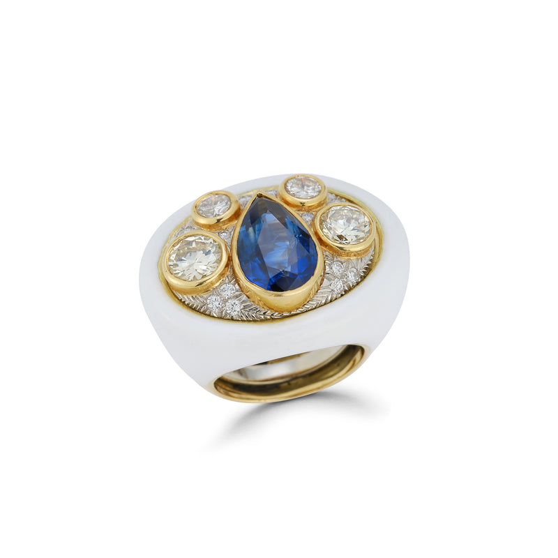 Sapphire Diamond and White Enamel Ring by Andrew Clunn