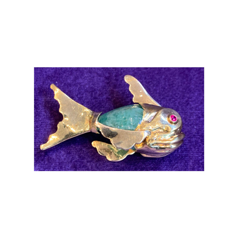 Cabochon Emerald Fish Brooch Pendant