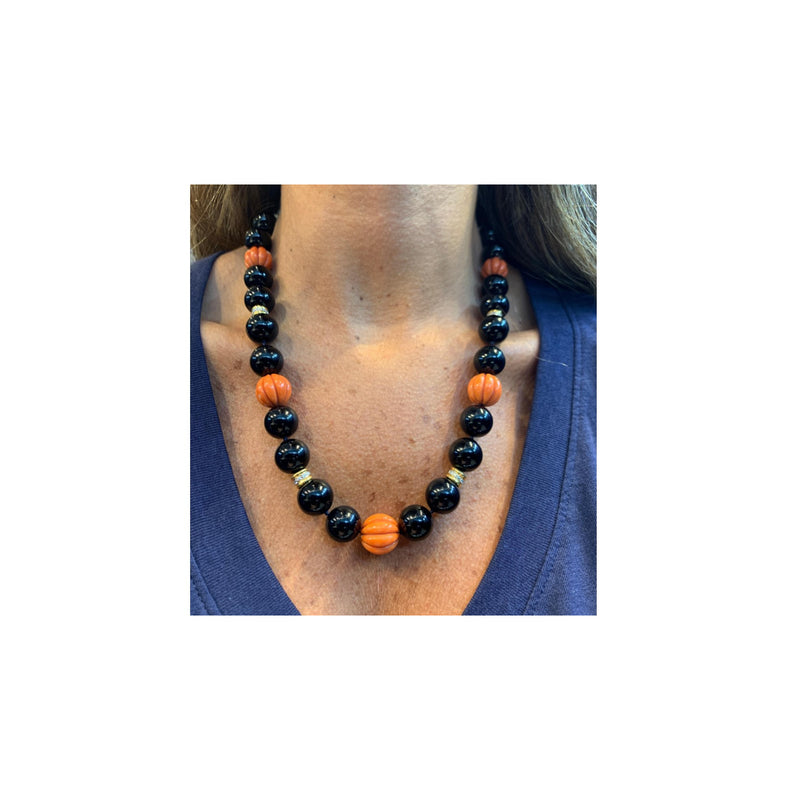 Large Onyx and Carved Coral Bead and Diamond Necklace