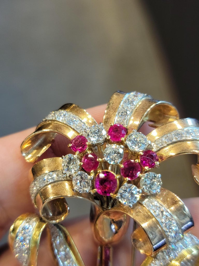 Large Retro Ruby and Diamond Flower Brooch