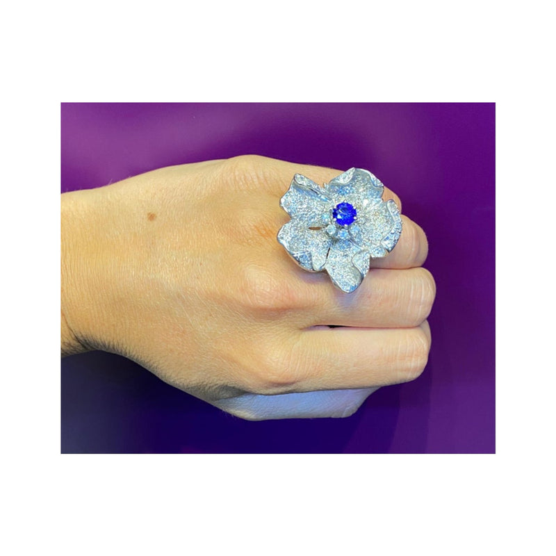 Large Sapphire & Pave Diamond Flower Cocktail Ring