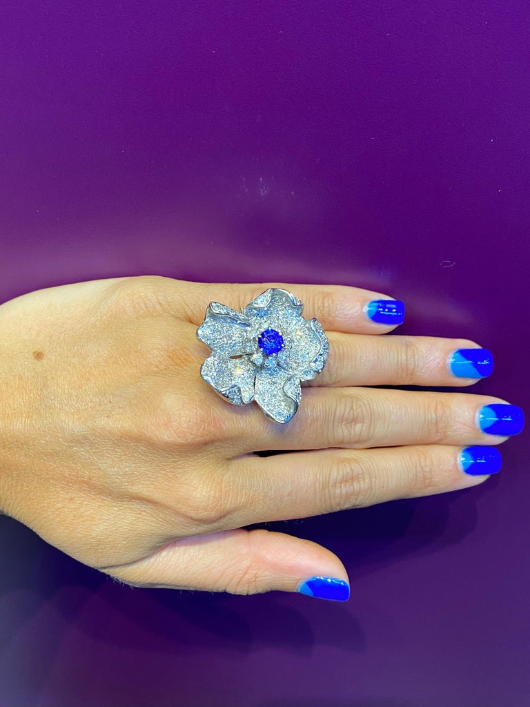 Large Sapphire & Pave Diamond Flower Cocktail Ring