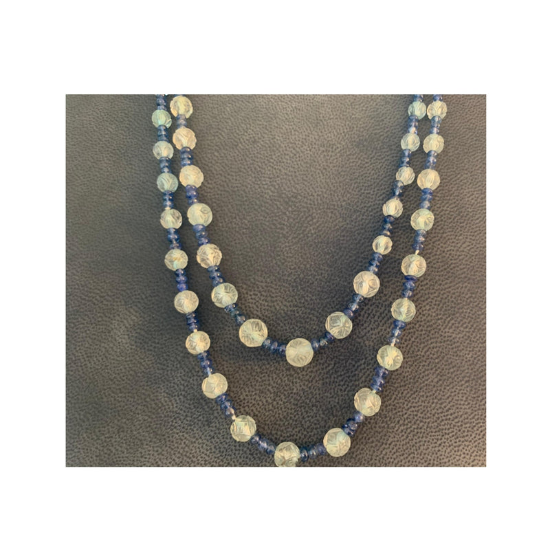 Opera Length Carved Aquamarine and Sapphire Bead Necklace
