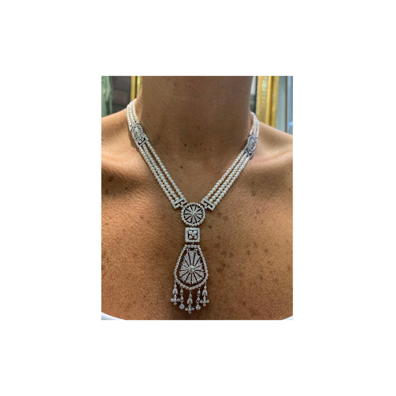 Pearl and Diamond Multi Strand Drop Necklace