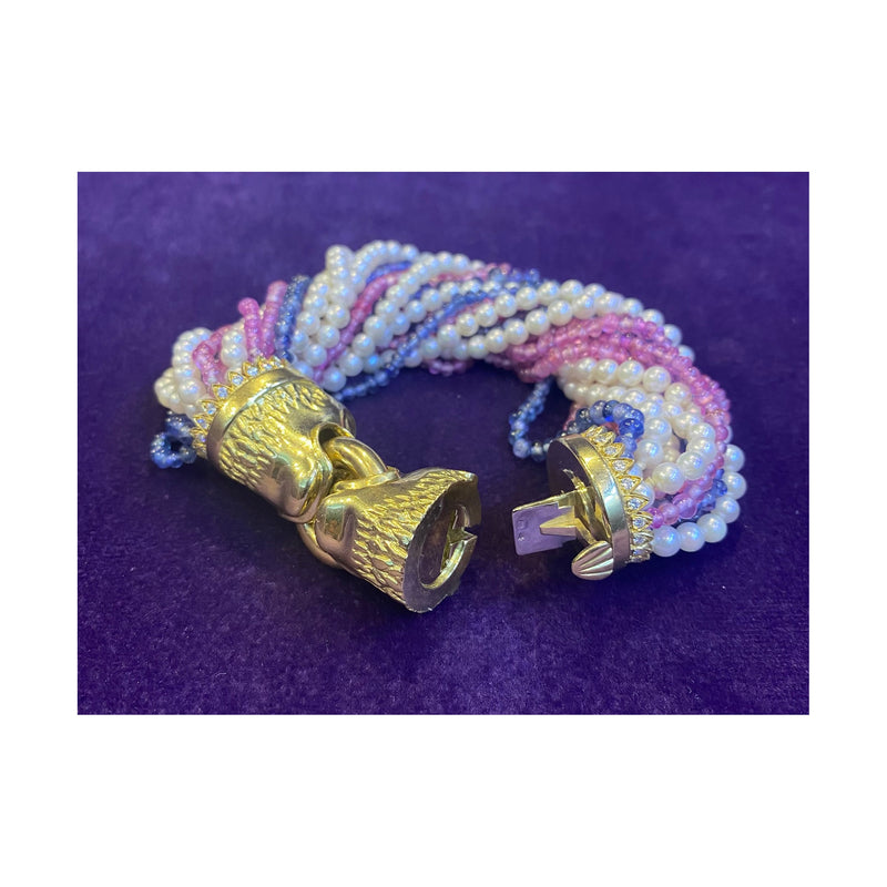 Multi Strand Pearl, Ruby & sapphire Lion Head Bracelet
