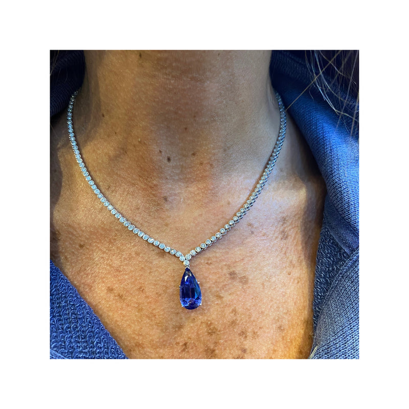 Certified Natural Pear Shape Sapphire and Diamond Necklace