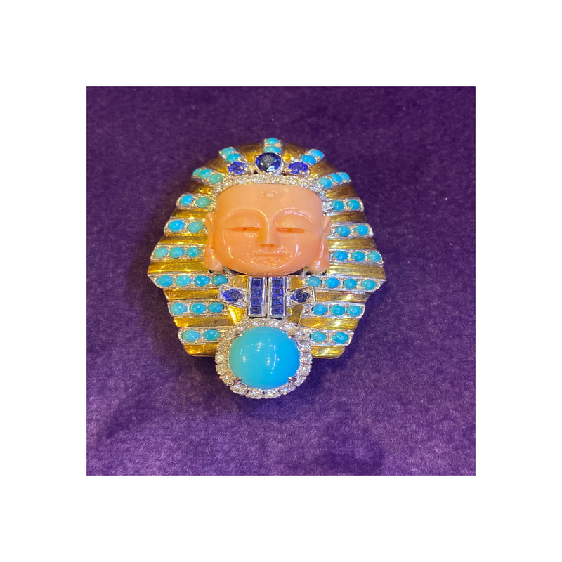 Coral & Turquoise Egyptian Revival Brooch by Trio