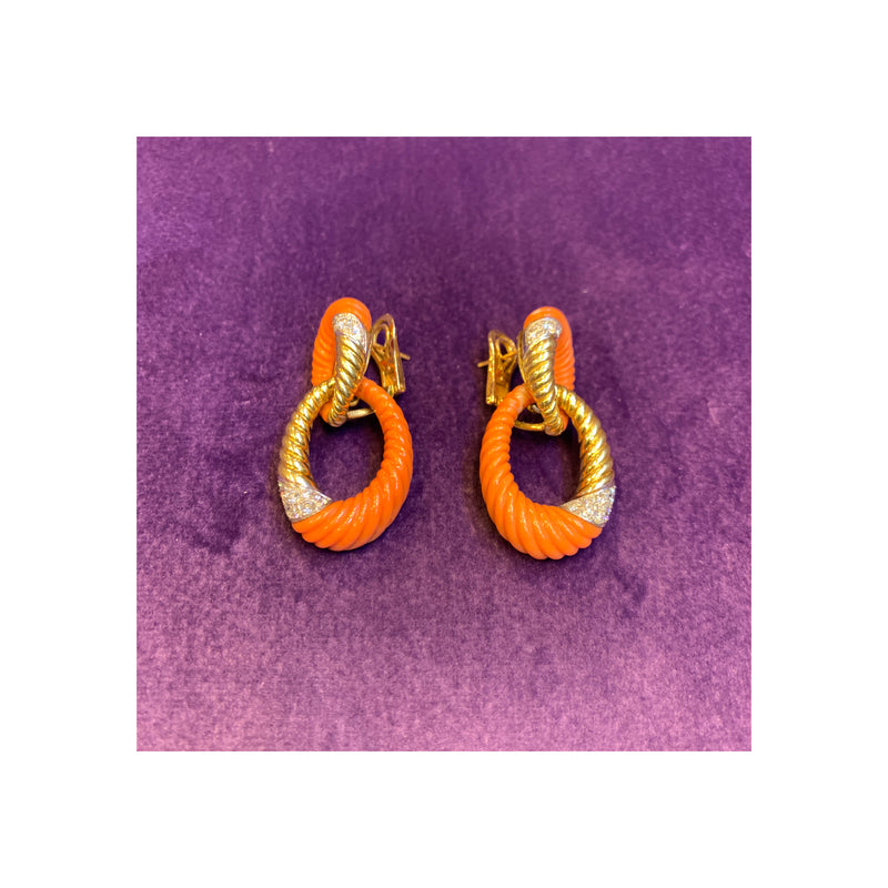 Bvlgari Coral and Diamond Hoop Earrings