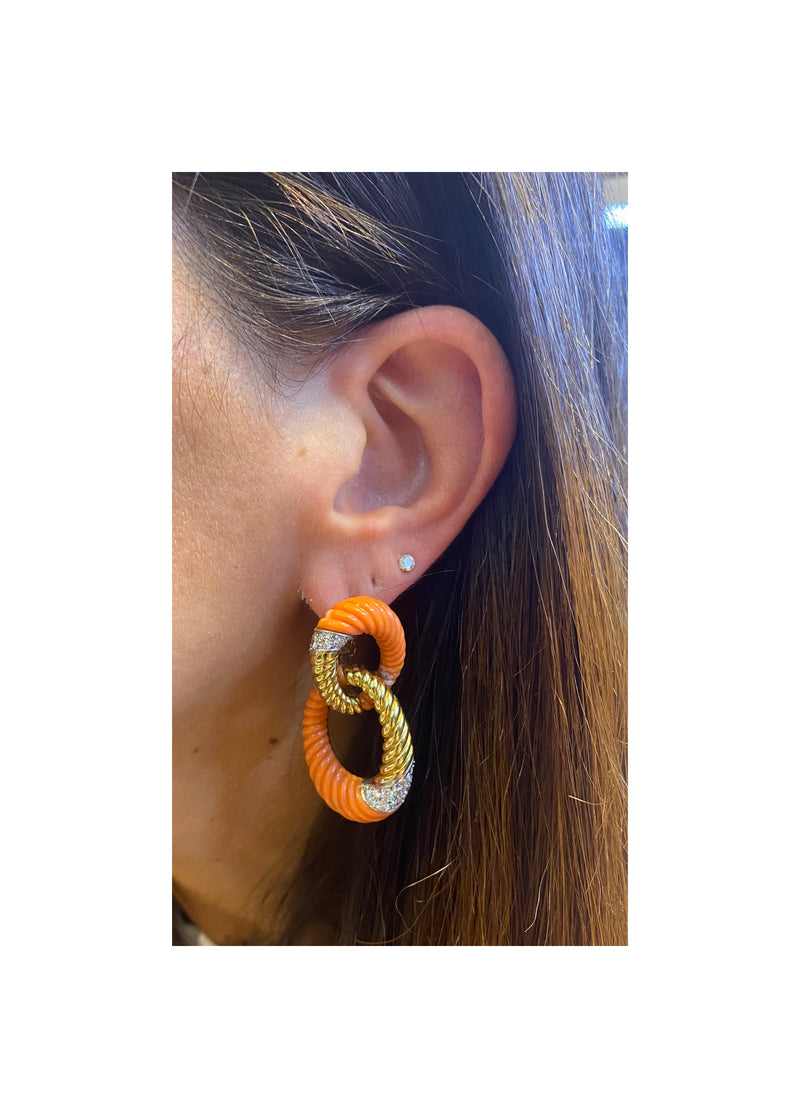Bvlgari Coral and Diamond Hoop Earrings