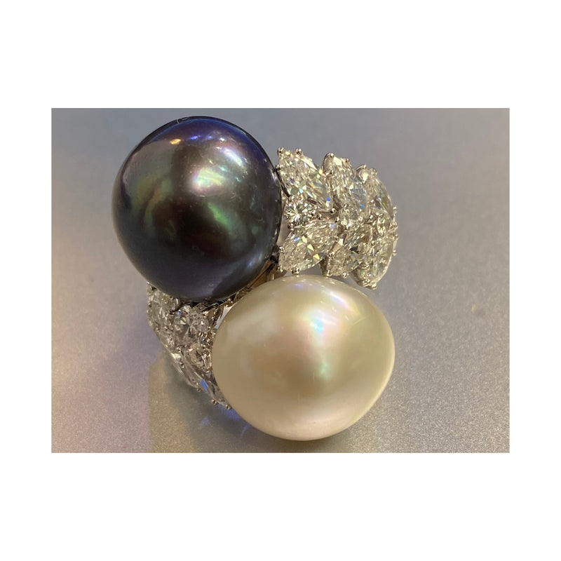 David Webb White and Black Pearl You & Me Ring