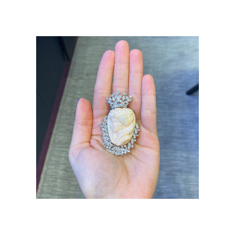 Angel Skin Coral Cameo & Diamond Brooch Pendant