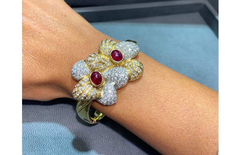Ruby and Diamond Gold Flower Bangle Bracelet