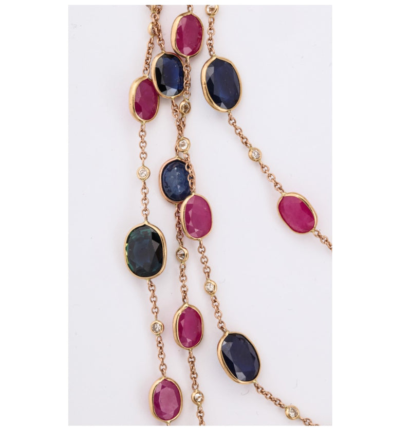 Sapphire Ruby and Diamond Long Chain Necklace