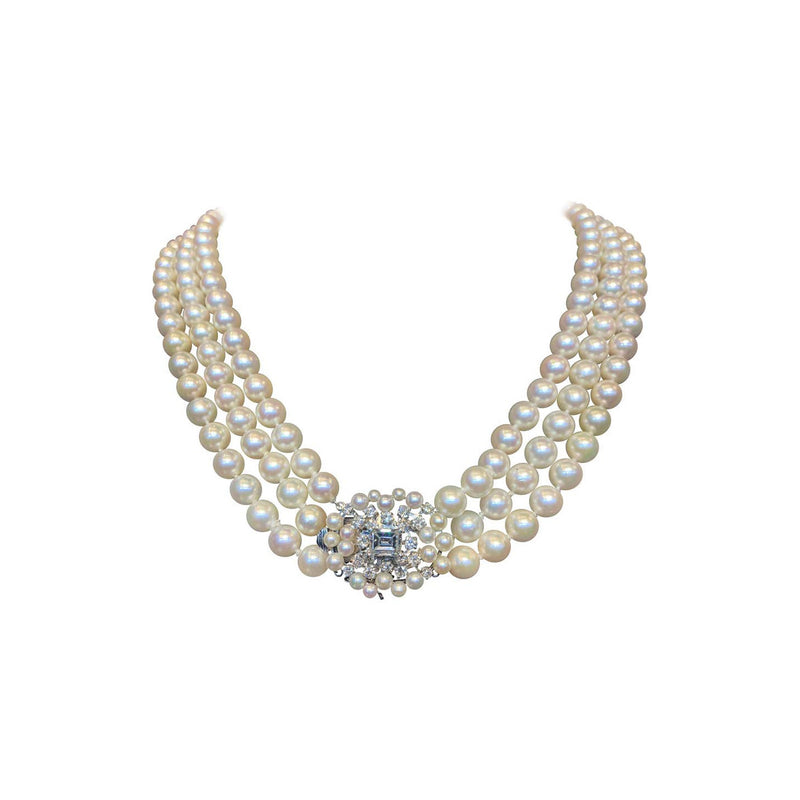 GIA Certified Three-Strand Pearl and Diamond Necklace