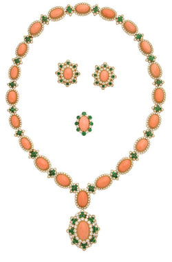 Van Cleef and Arpels Coral and Emerald Ring Earrings and Necklace Set