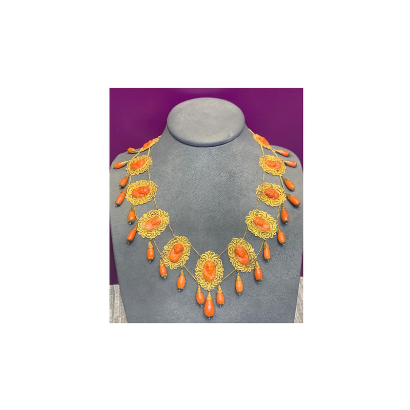 Victorian Coral and Gold Cameo Drop Necklace