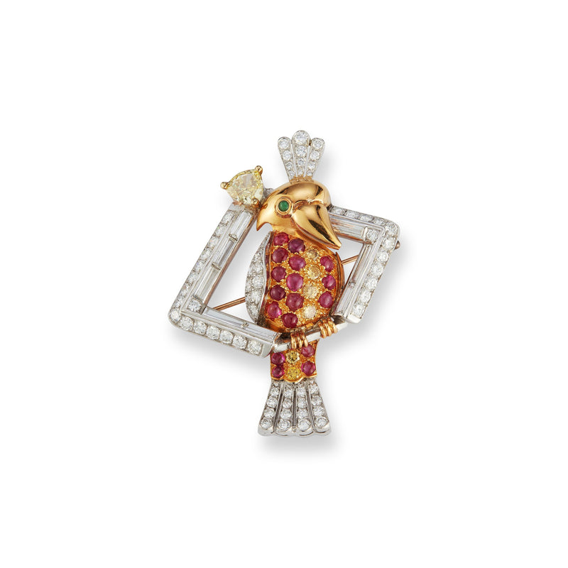 Diamond and Ruby Parrot Brooch with Emerald Eye