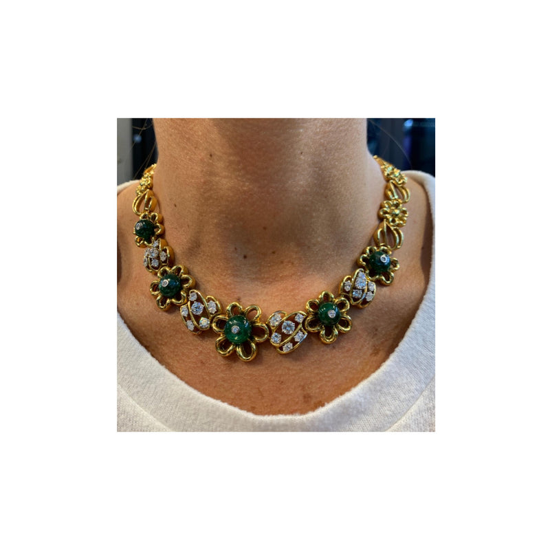 Emerald & Diamond Flower Link Necklace By Elan