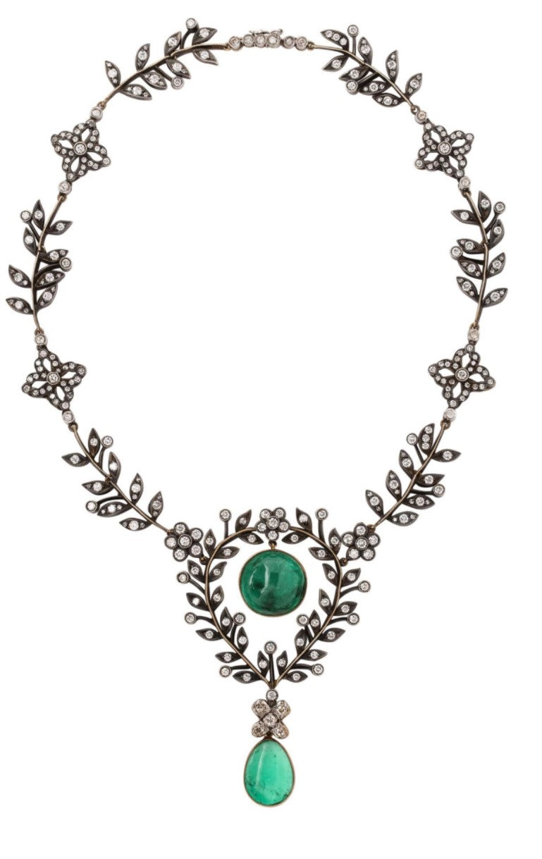 Emerald and Diamond Floral Drop Necklace