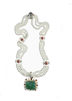David Webb Carved Emerald Ruby Rock Crystal Pearl Necklace