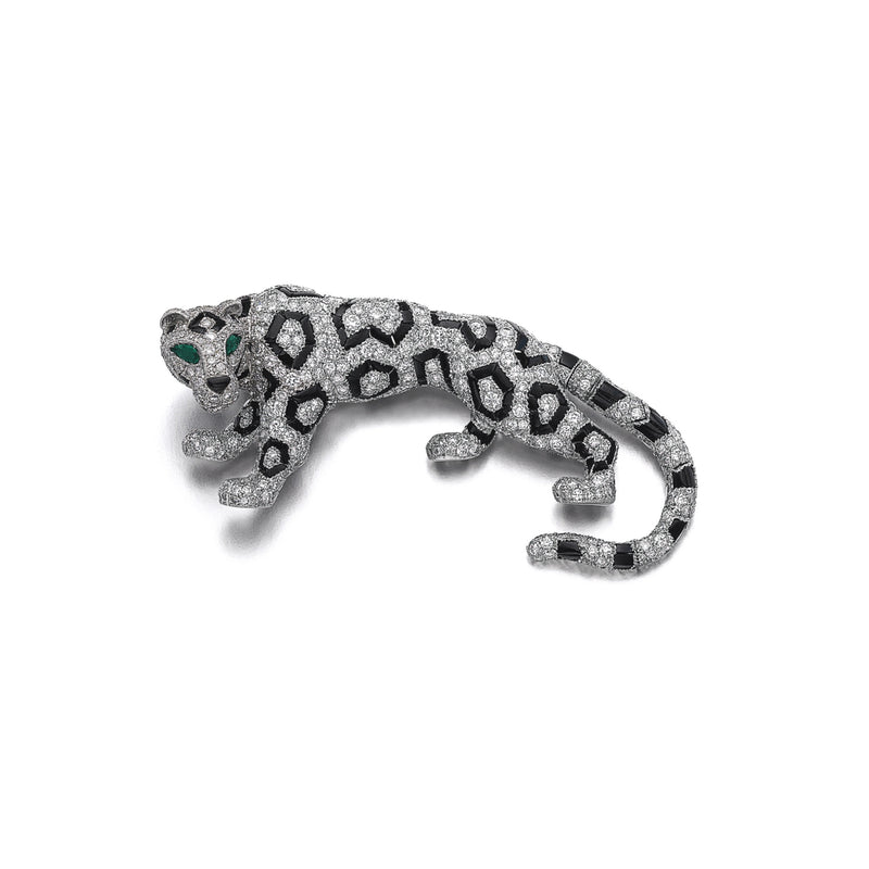 Cartier Diamond Onyx and Emerald Panther Brooch