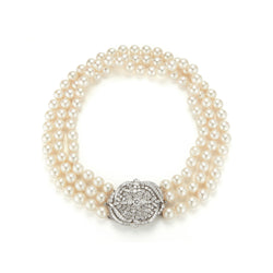 Three-Strand Pearl and Diamond Necklace