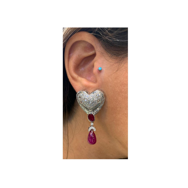 Ruby and Diamond Heart Drop Earrings