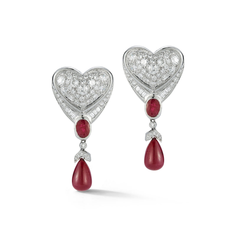 Ruby and Diamond Heart Drop Earrings