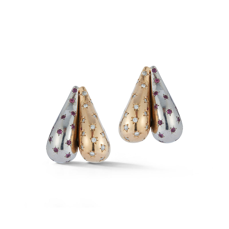 Ruby & Diamond Two Tone Retro Heart Earrings