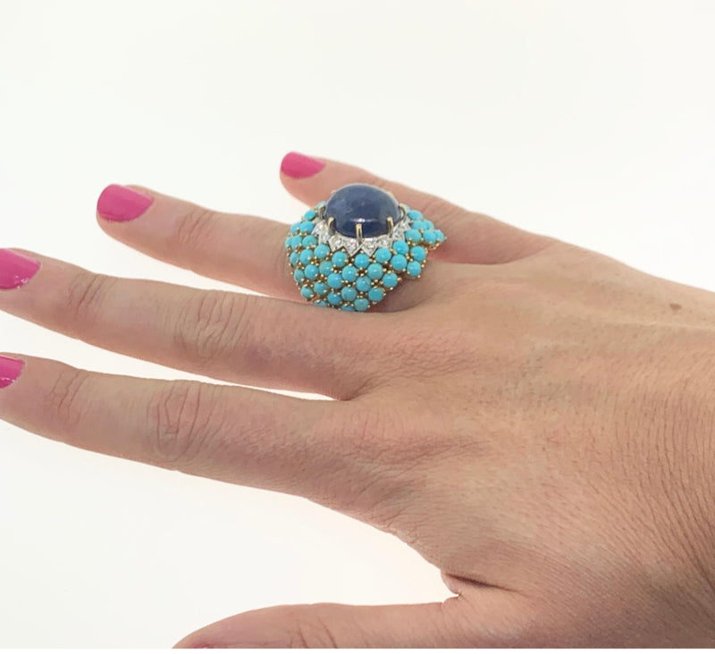 Cabochon Star Sapphire and Turquoise Cocktail Ring