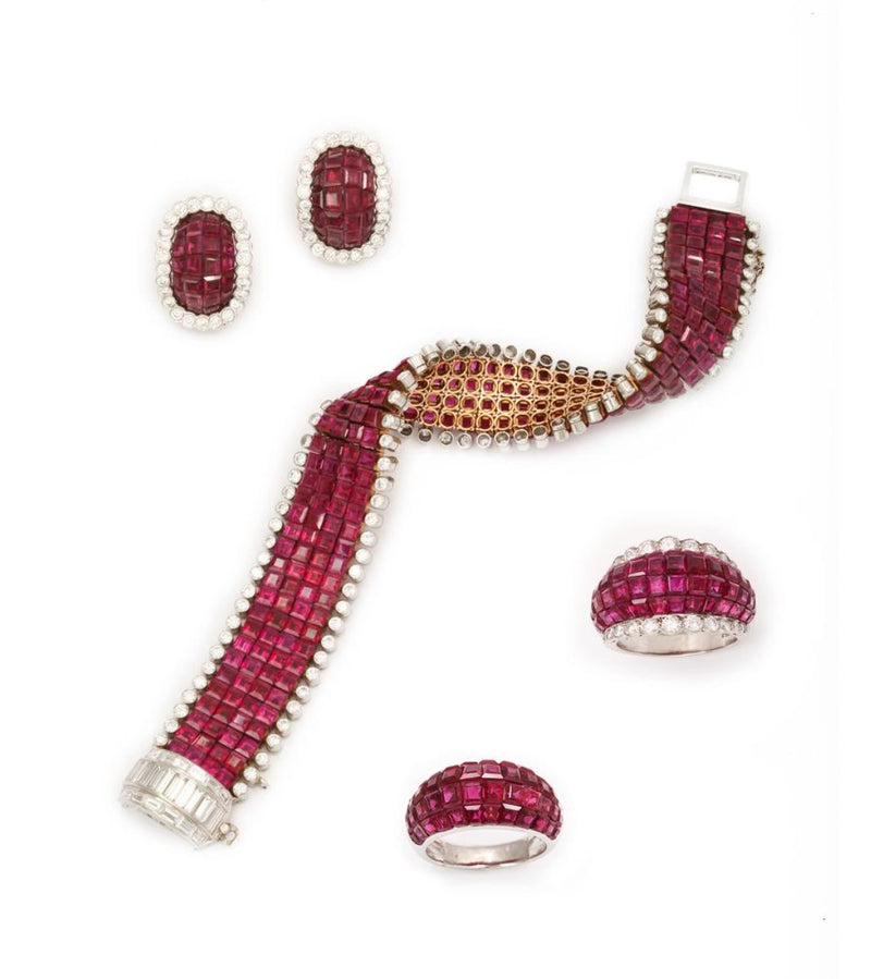Van Cleef and Arpels Mystery Set Ruby Bracelet Ring and Earrings Set
