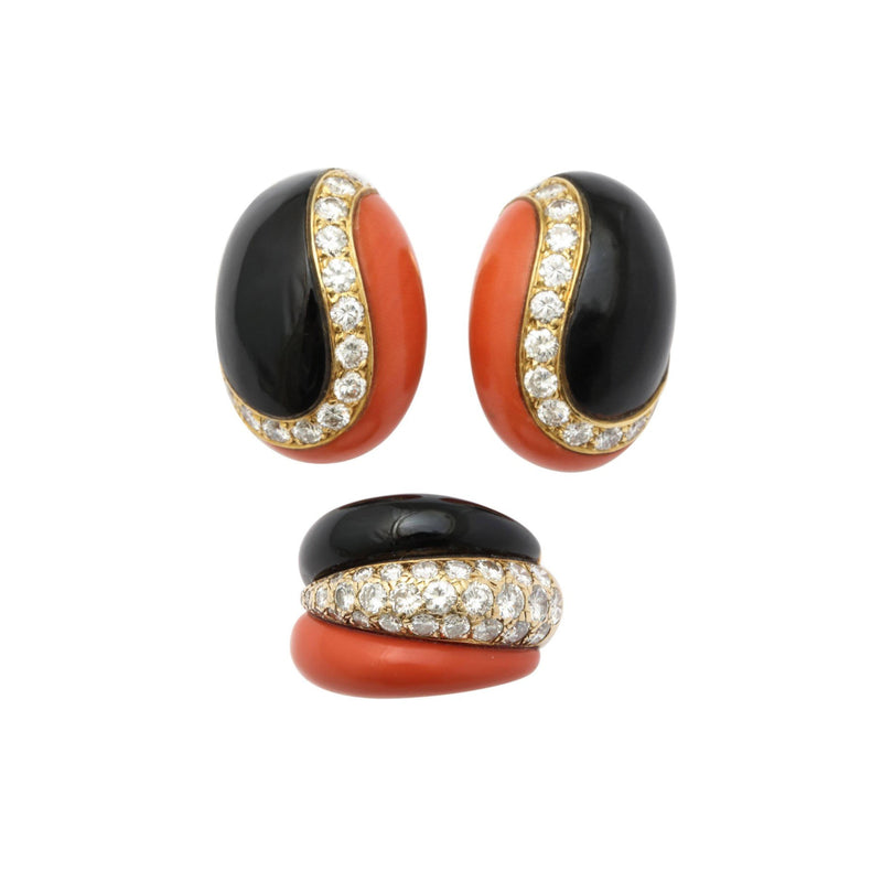 Van Cleef and Arpels Coral and Onyx Earrings and Ring Set