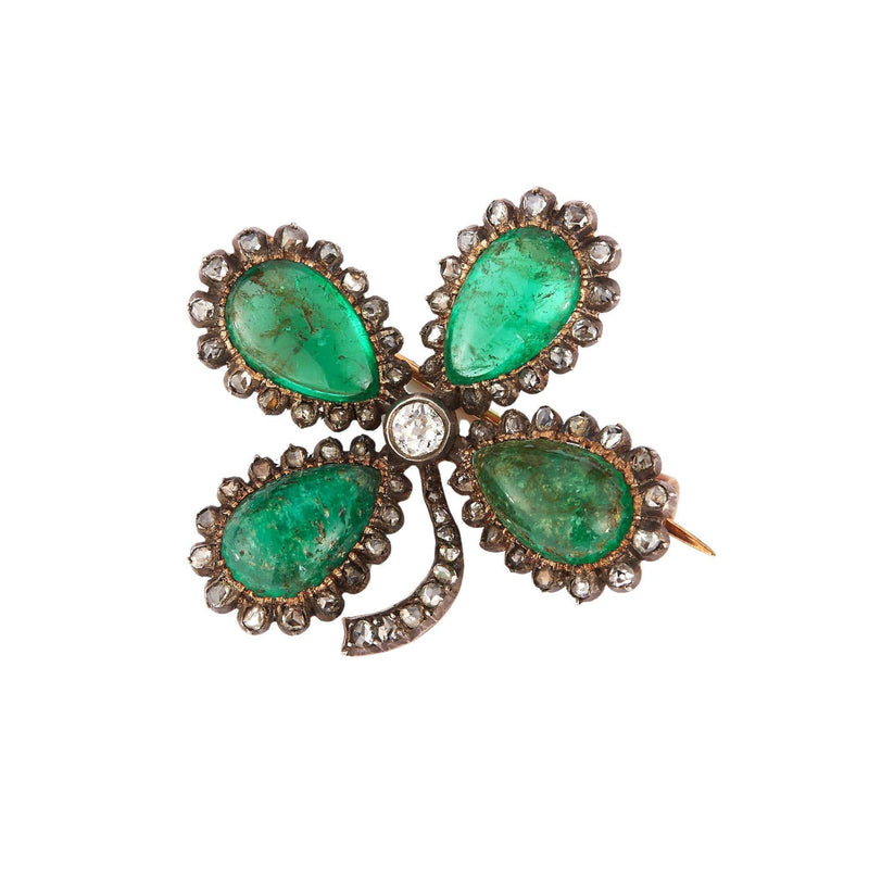 Victorian Cabochon Emerald Four Leaf Clover Brooch